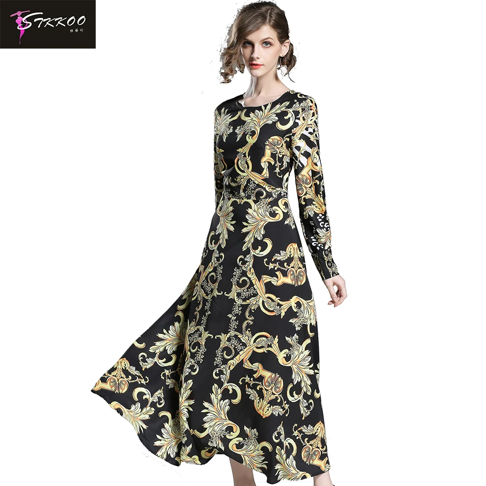 

Wholesale Women Vintage Print Big Hem Long Dress