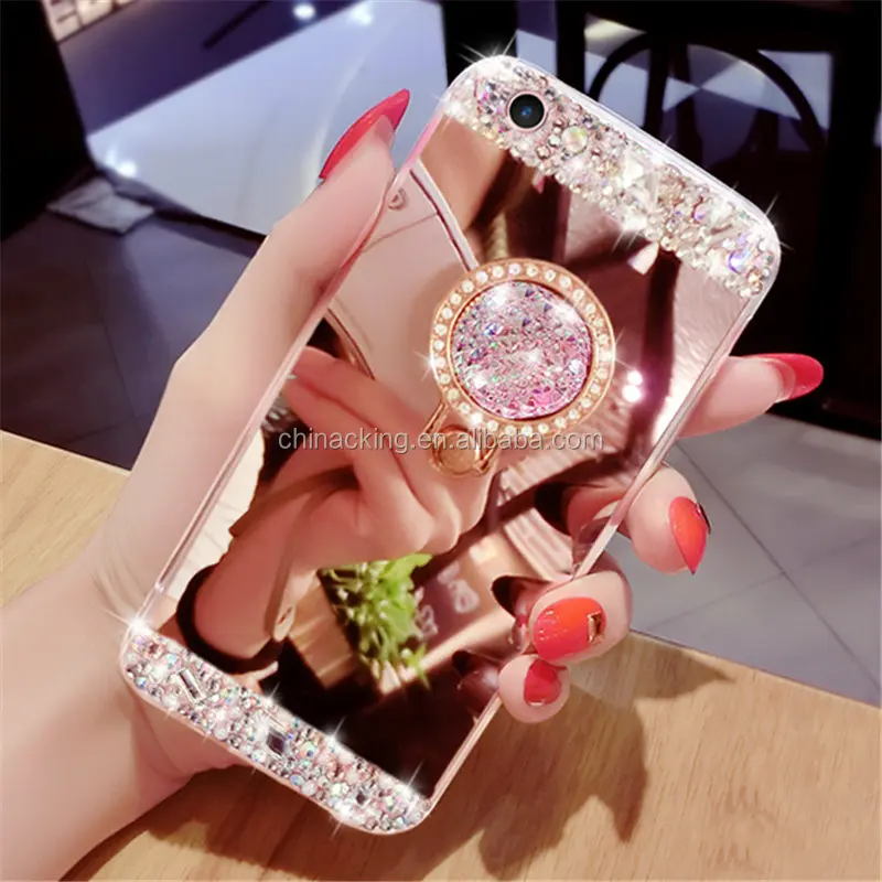 

For Samsung Galaxy S5 S6 S7 Edge S8 S9 S10 S20 Plus Note 8 9 10 Bling Diamond Ring Holder Mirror Phone Case Cover, Sliver/gold/rose gold