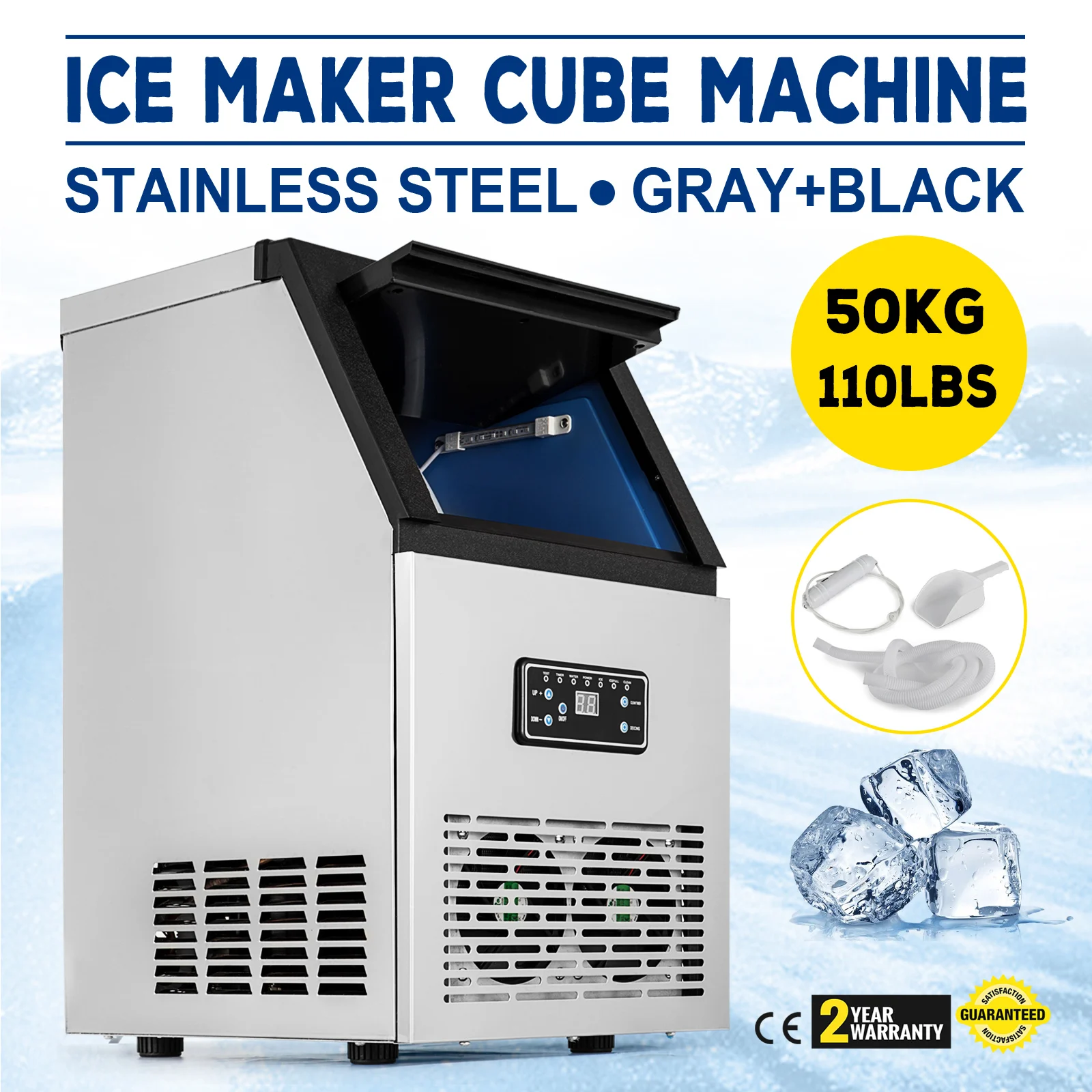 50kg Auto Commercial Ice Maker Cube Machine Stainless Steel Bar 110lbs