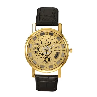

Skeleton quartz watch 2017 womage brand round dial unisex watches leather band unique designer hollow out quartz watch