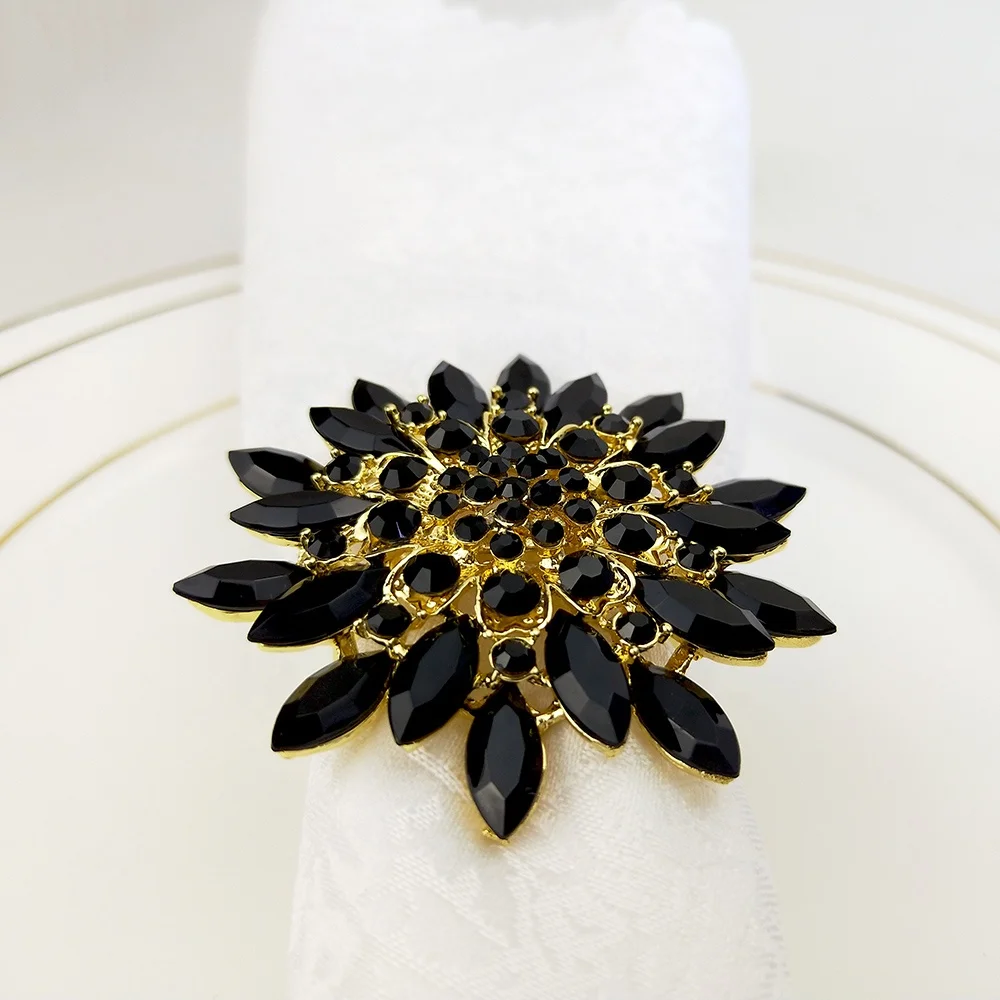 

2018 new fashion black diamond flower gold napkin rings for wedding