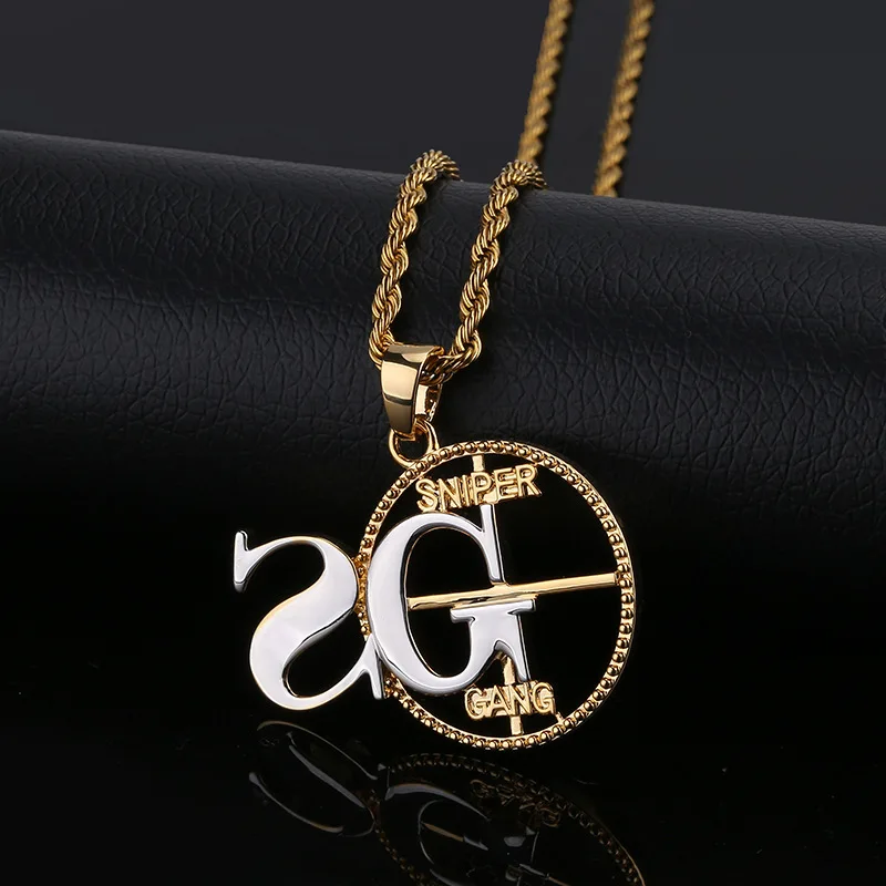 

Hip Hop Sniper Gang Circle Pendant Necklace Gold Silver Plated Fashion SG Pendant Necklace for Men (KHP048), As picture