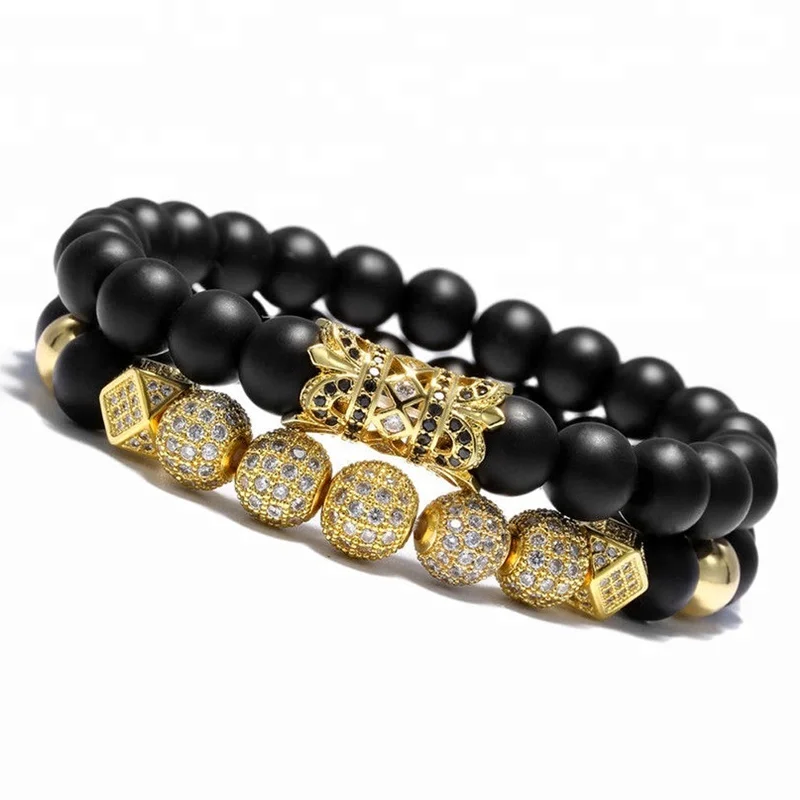 

Luxury Micro Pave CZ Balls King Crown Charm Men Matte Onyx Stone Beads Bracelet Jewelry