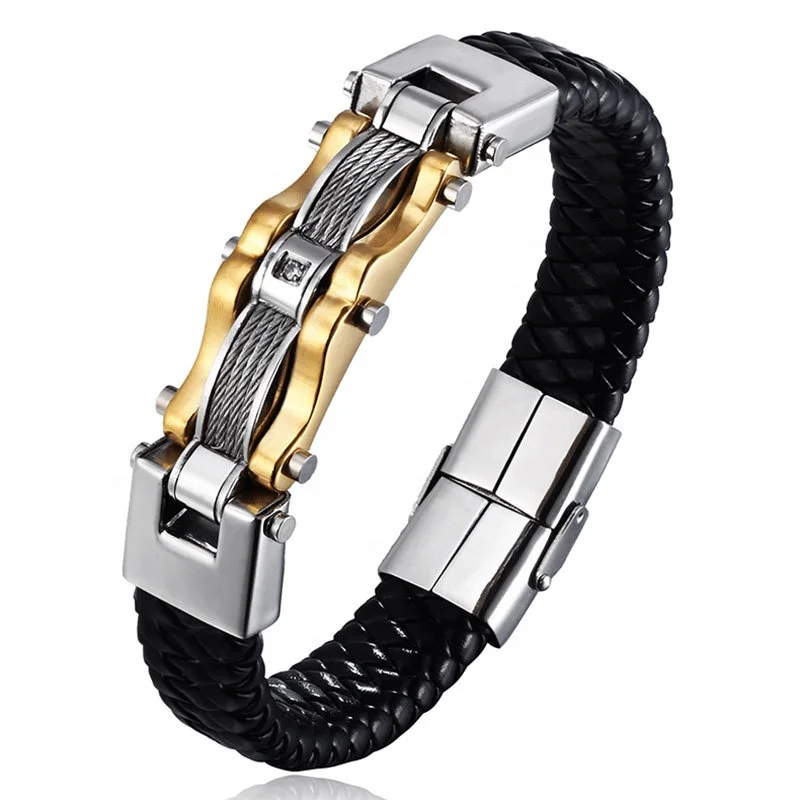 

Punk Stainless Steel Braided Leather Bracelet for Men Cable Cuff Bangle CZ Inlaid, Black;gold