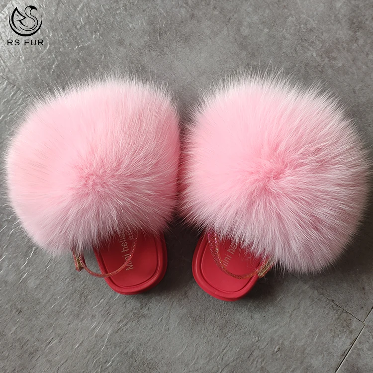 
Custom logo soft children baby fur slipper sandals fox fur slides for women and kids 