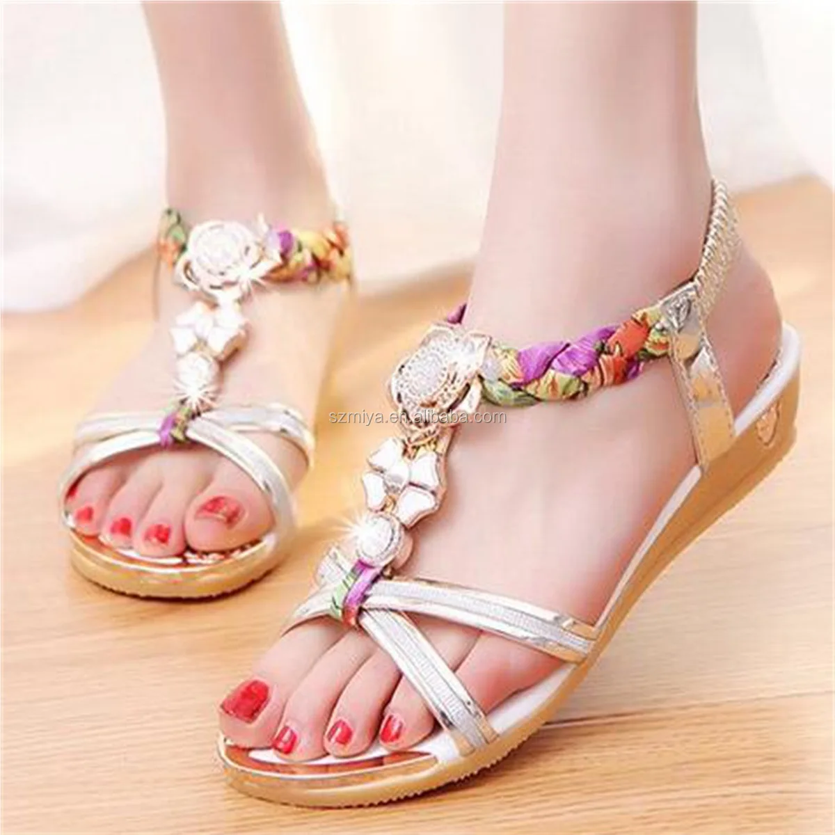 Roman Summer Flat Sandals Plus Size Beaded Gemstone Women Bohemian Shoes  Soft Beach Seaside Slipper comprar a buen precio — entrega gratuita,  reseñas reales con fotos — Joom