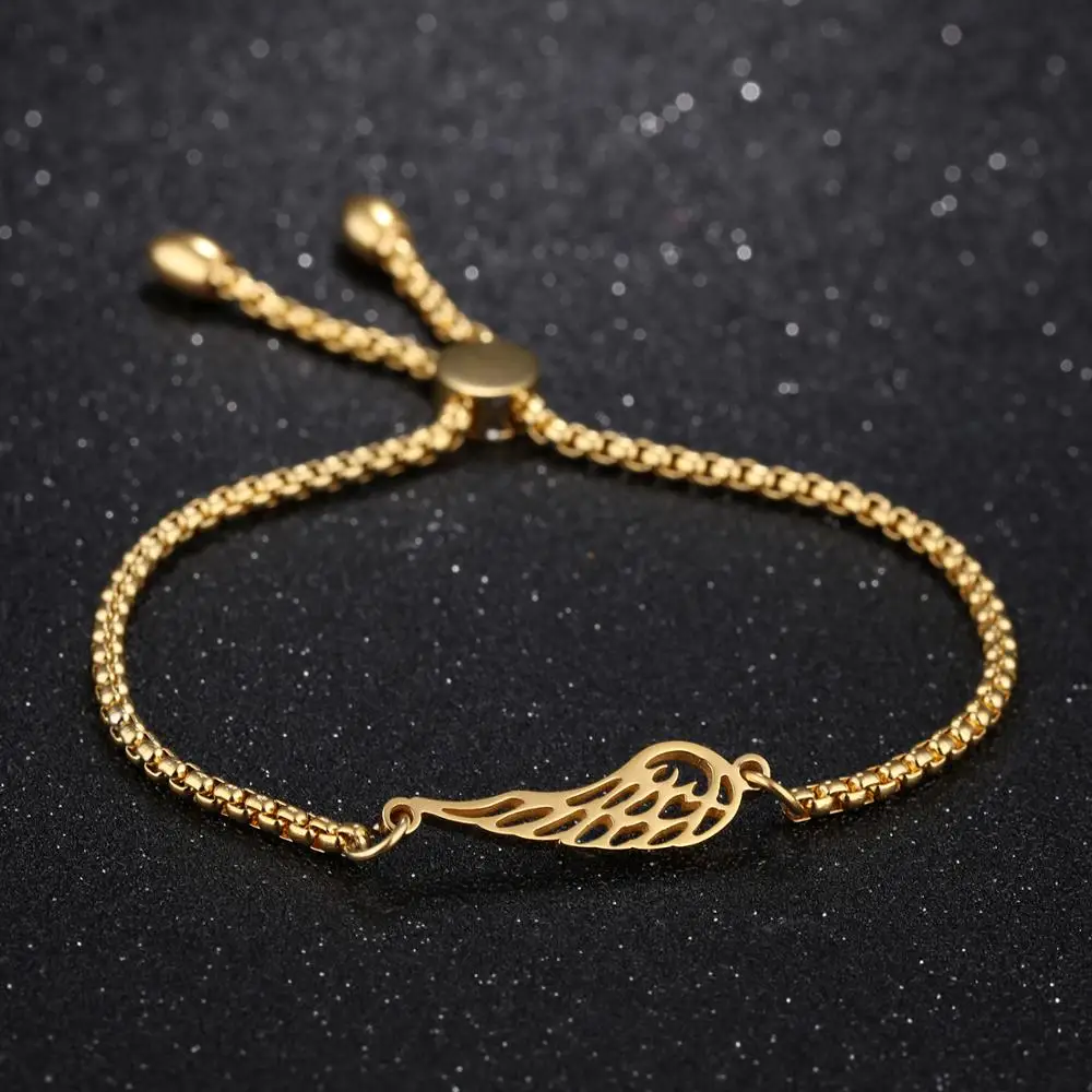 Newest Adjustable Women Stainless Steel Extendable Chain Charm Angel Wings Bracelet