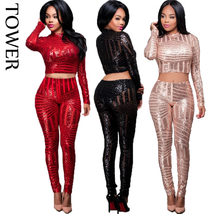 

2018 Sequined Jumpsuit Two Piece Bandage Jumpsuit Ladies Jumpsuit, Red;black;champagne
