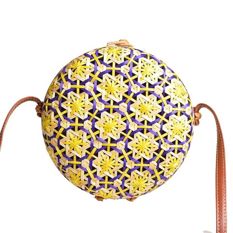 

Ins popular bali island colorful small round shoulder rattan weave bag women multi color bamboo summer beach handmade bag, Picture