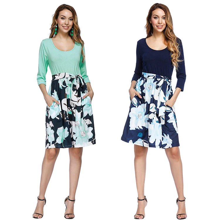 

Women High Quality Autumn Round Neck Casual Long Sleeve Print Floral Mini Dress