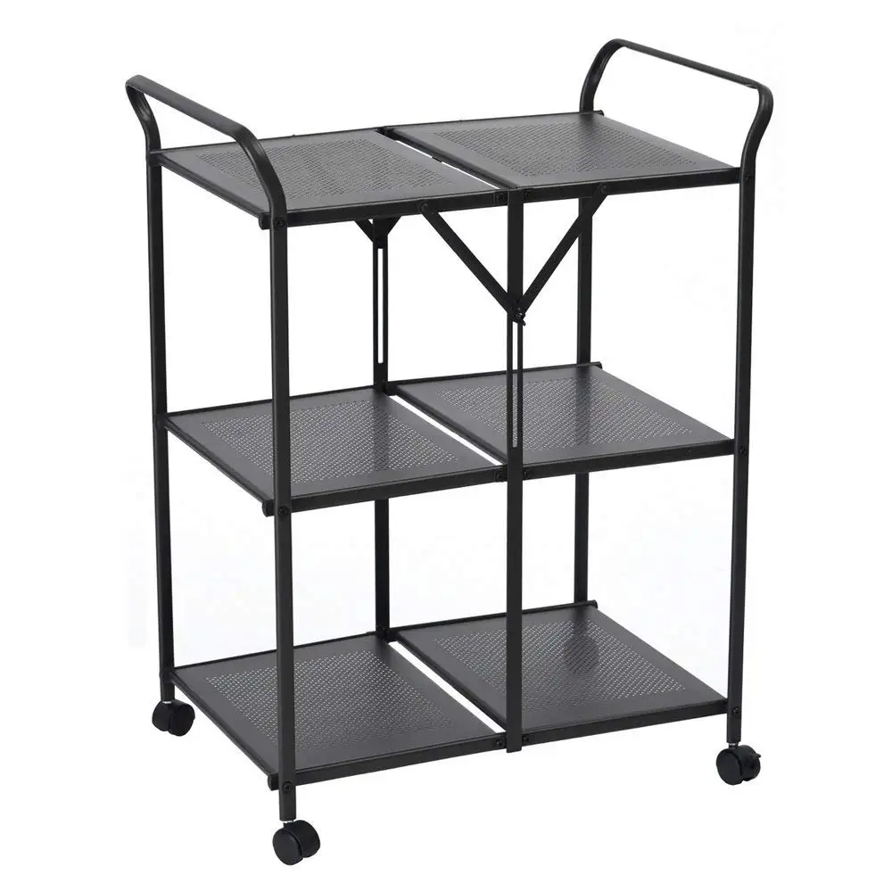 3-Tier Rolling Serving Cart Foldable Utility Kitchen Trolley Storage Space Saving Food Cart Mobile Metal Frame Indoor and Outdoor Cart, Black