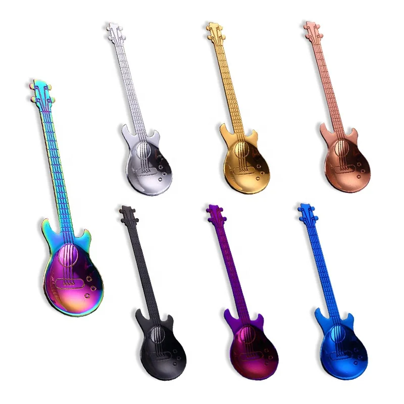 

Creative Guitar Shaped Stainless Steel Colorful Tea Coffee Ice Cream Spoon, Silver/gold/rose gold/black/rainbow/blue/purple