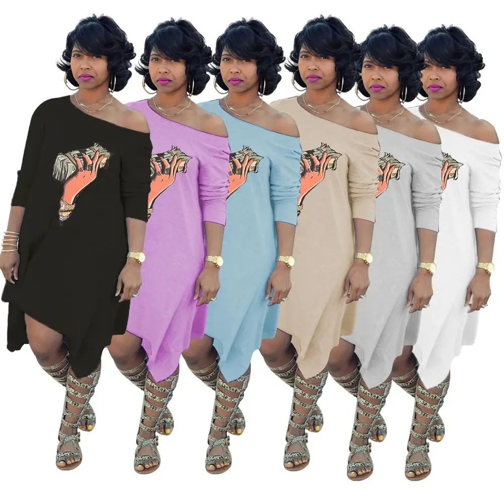 

Ready to Ship Fashion slanted shoulder print women asymmetrical dress