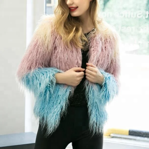 

Wild New Young Girl Coat Fur Top Color Matching Design, Pink and blue and beige