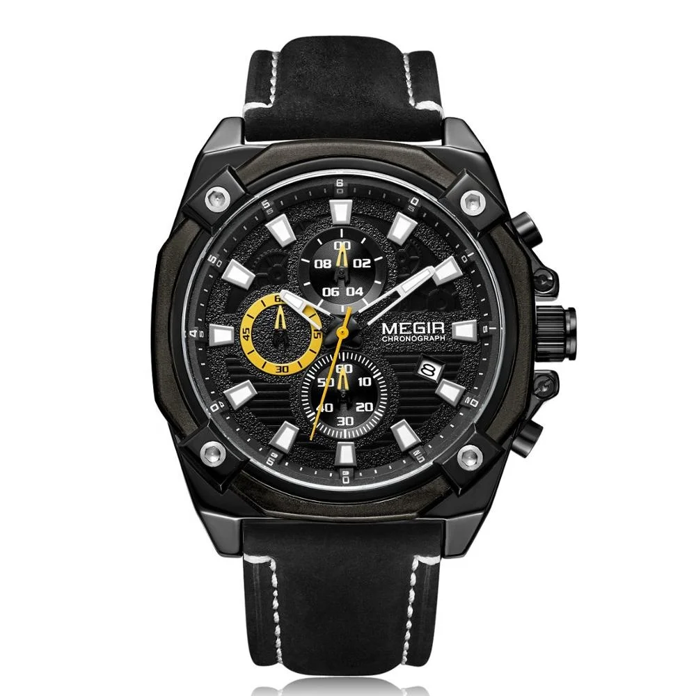 

Wholesale original Megir accept OEM leather strap waterproof quartz sport mens wrist watches, Silver / gold / black / rose gold / customized
