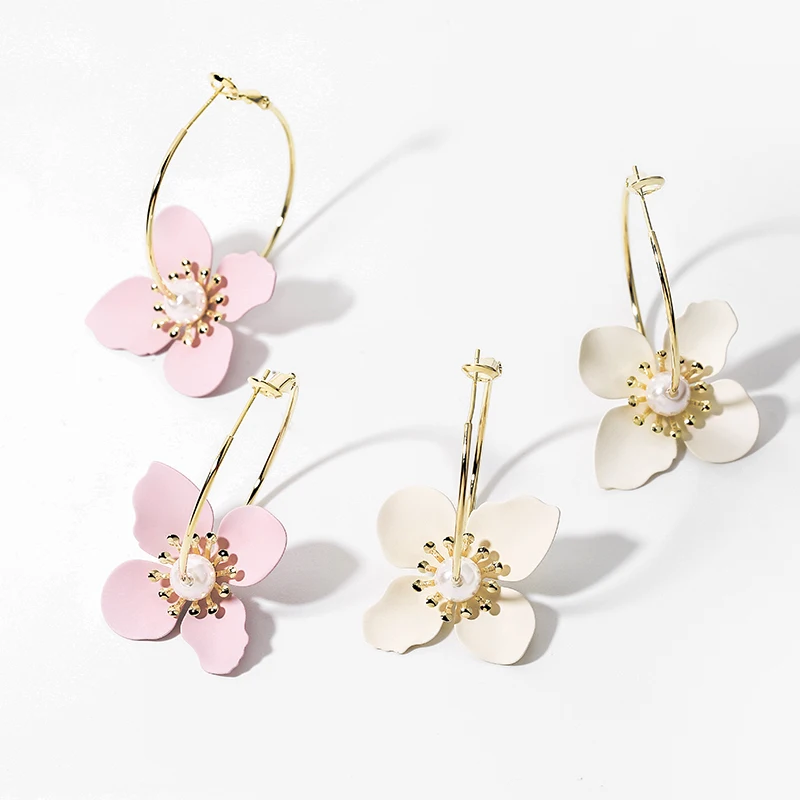 

Fashion Jewelry 925 Silver Flower Earrings Women Beige or pink, Beige & pink
