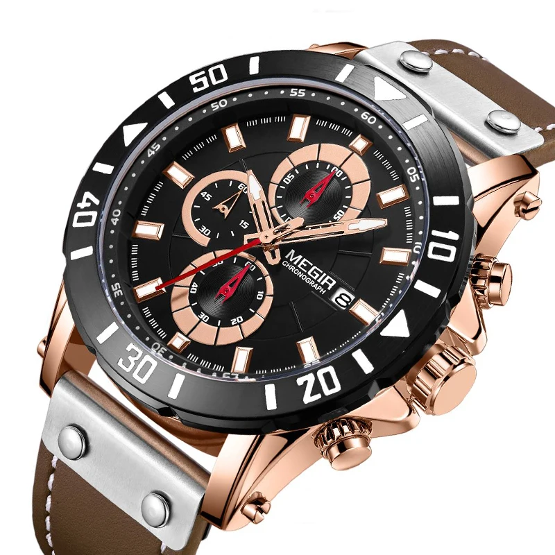 

MEGIR blue Quartz Men Watches Top Brand Leather Strap Chronograph Sport Wrist Watch Men Clock Relogio Masculino Reloj Hombre