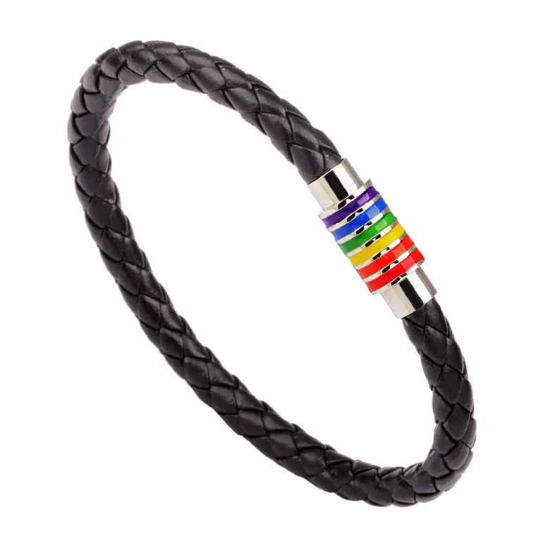

Rainbow magnetic buckle leather bracelet Support Gay Lesbian LGBT pride bracelet, Customized