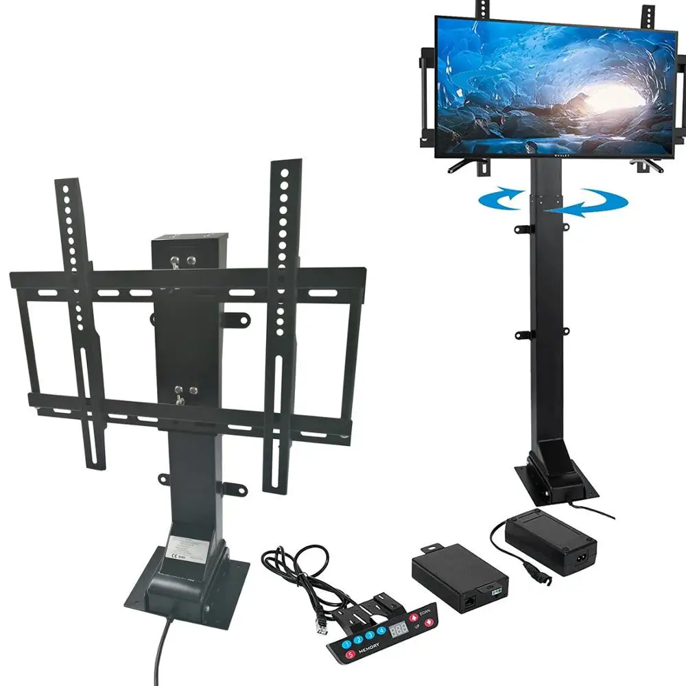 

Swivel electric height adjustable tv lift mechanism motorized tv lift with remote control floor standing vesa mount tv stand, Black