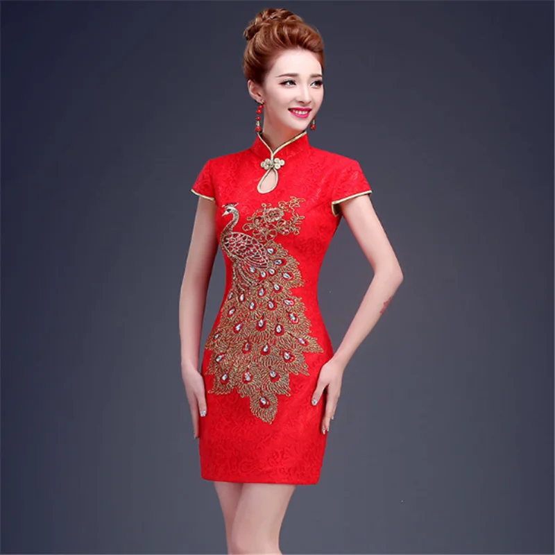 

fashion Chinese ladies elegant evening party sequin embroidered peacock flower short wedding lace cheongsam qipao