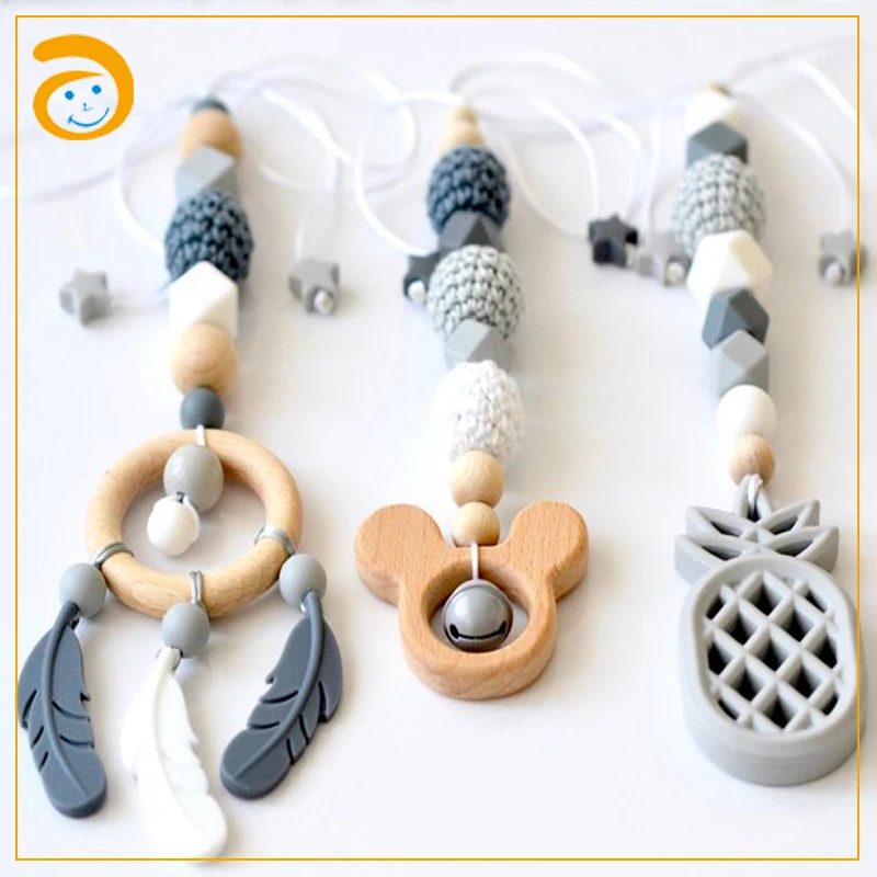 
wooden gym toy wood teether for baby stroller chain 