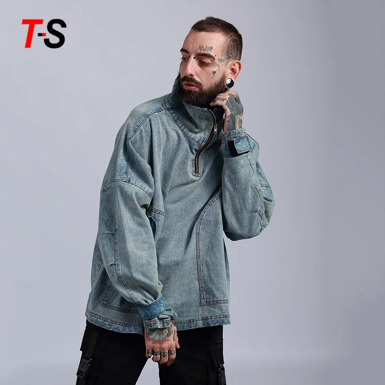 

Custom casual blue color high collar loose retro oversize denim jacket for men, Customized color