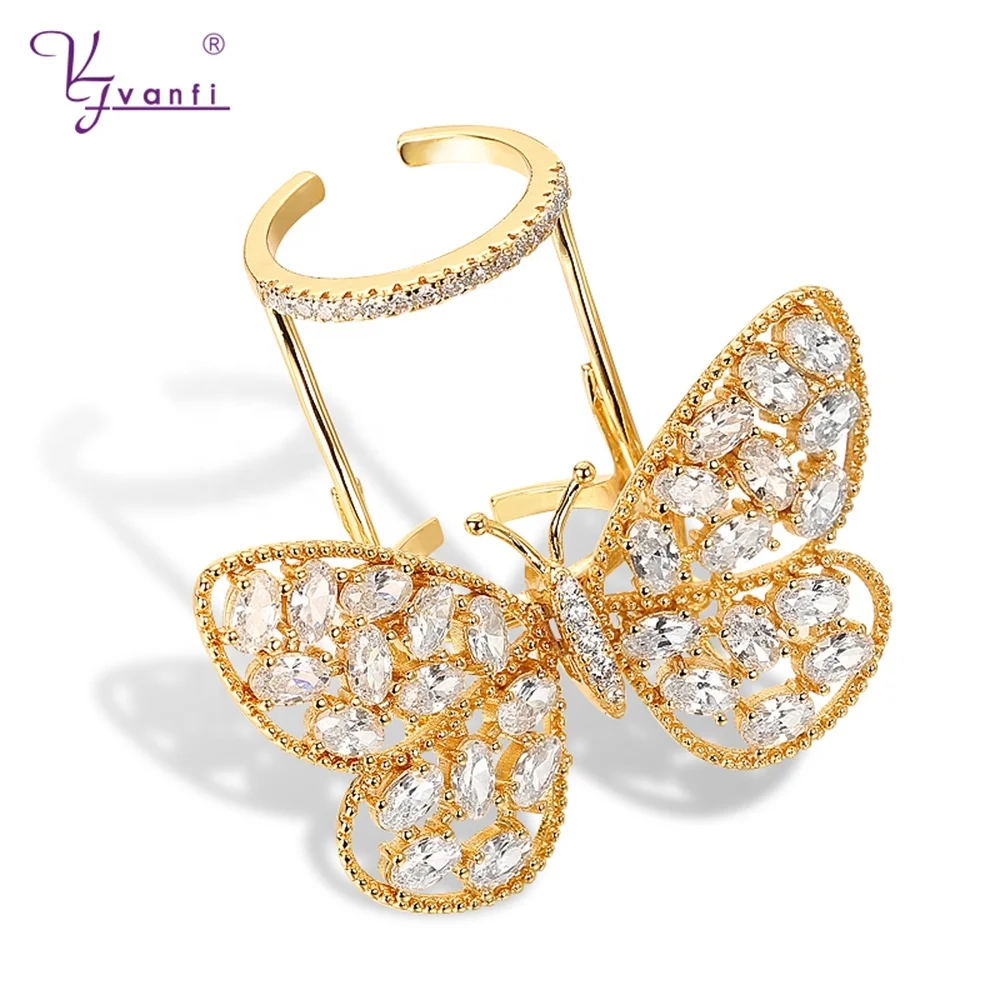 

Vanfi new arrival fashion dainty movable butterfly knuckle nail ladies ring animal 14k gold cubic zirconia rings for women party, Gold/platinum