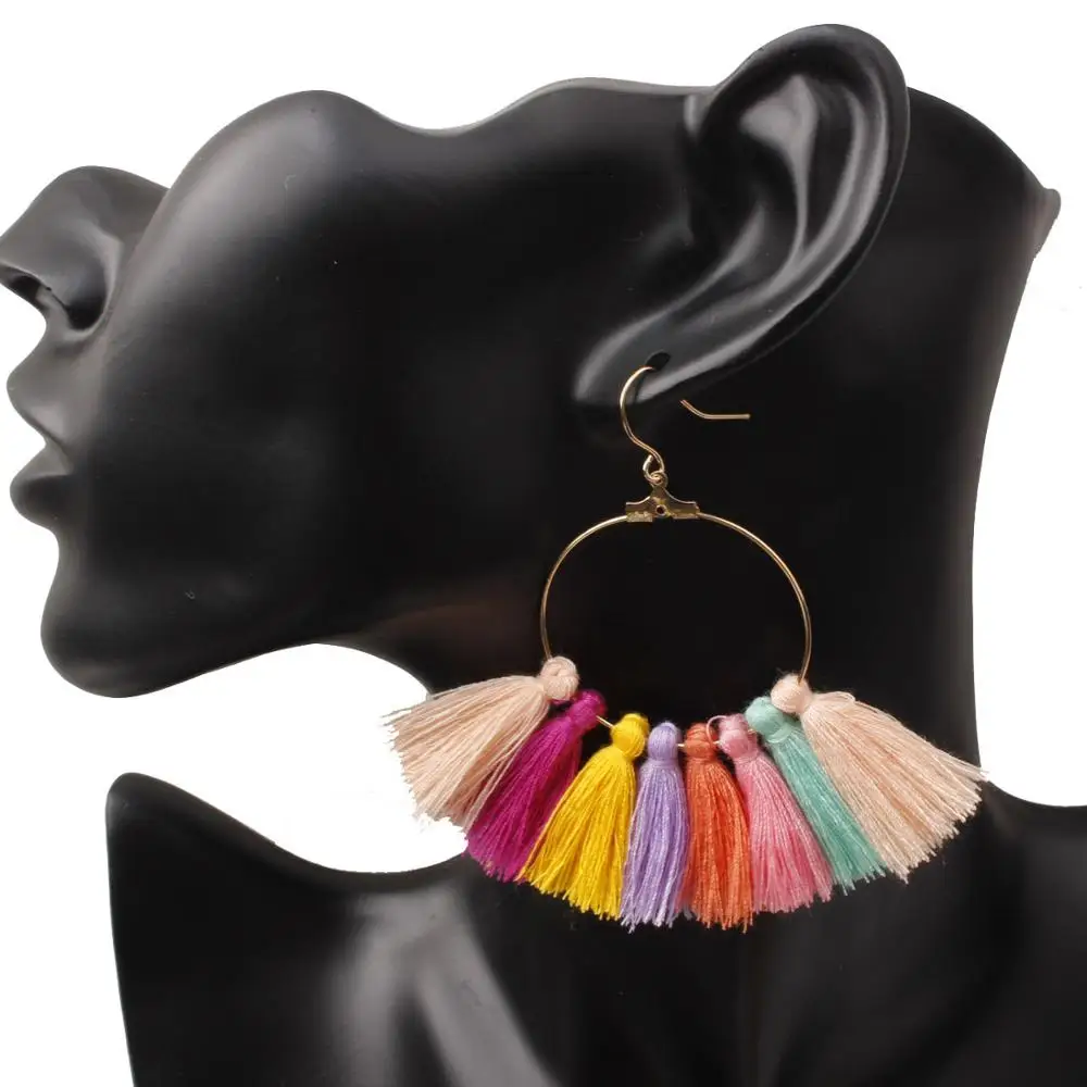 

Less Than 1 Dollar,10 Color Available,Multi Tassel Dangle Earrings Gold Plated Big Circle Colorful Thread Tassel Hook Earrings, Multi color