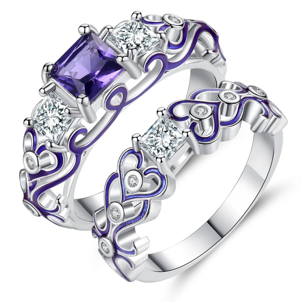 

18K White Gold Plated Purple Crystal Zircon Set Engagement Ring, Silver color