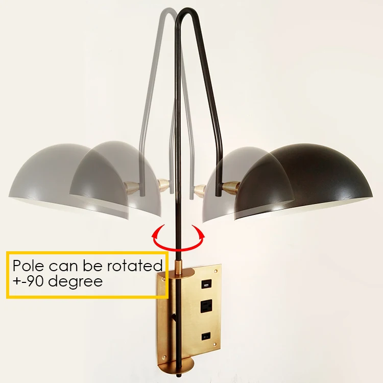 Modern hotel bedroom adjustable iron reading wall light with USB port and outlet