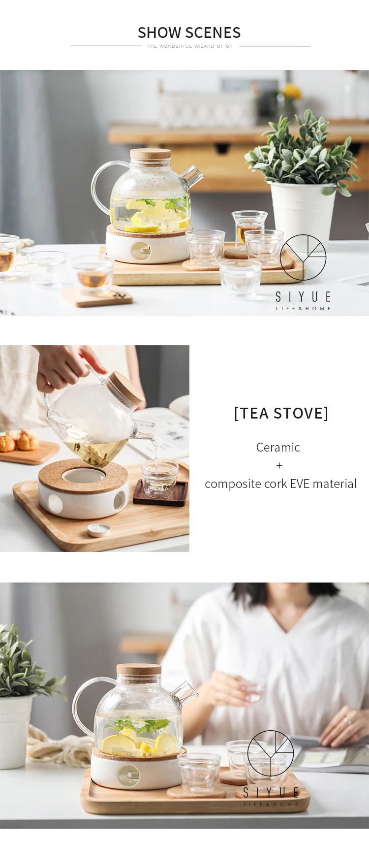 Japanese Style Multifunctional Borosilicate Teapot With Cups Wooden Lid