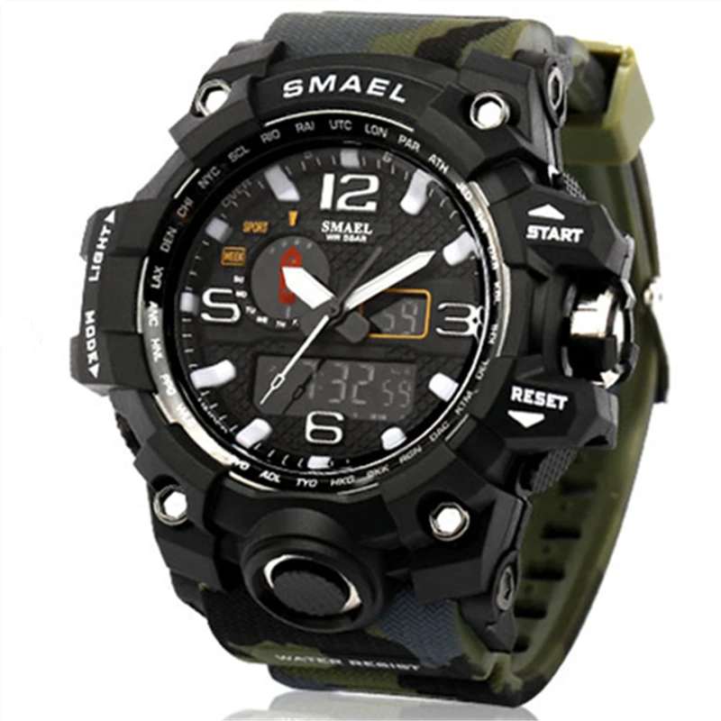 

Smael 1545 Army Military Camouflage Plastic Wrist Watches Men Dual Time Digital Quartz Clock Waterproof Sports Analog Led Watch