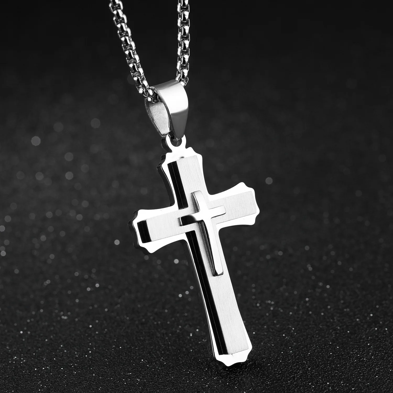 fashion Multilayer Cross Christ Jesus Pendant Necklace for Men Stainless Steel cross necklace
