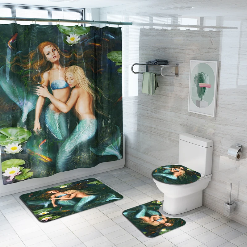Wholesale Amazon mermaid printed 3 pcs bathroom rug mat match with shower curtain