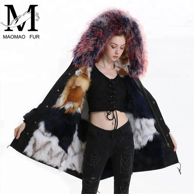 

Wholesale Custom Real Fox Fur Lined Parka Women Winter Coat Luxurious Raccoon Fur Hood Real Fur Parka