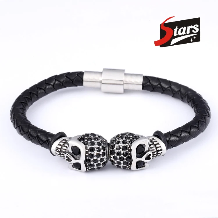 

Trendy Wholesale Mens Woven Leather Skull Bead Stainless Steel Bangle Bracelet