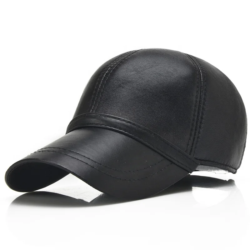 

BLANK BLACK GENUINE LEATHER 6 PANEL BASEBALL CAP FOR WOMEN MEN