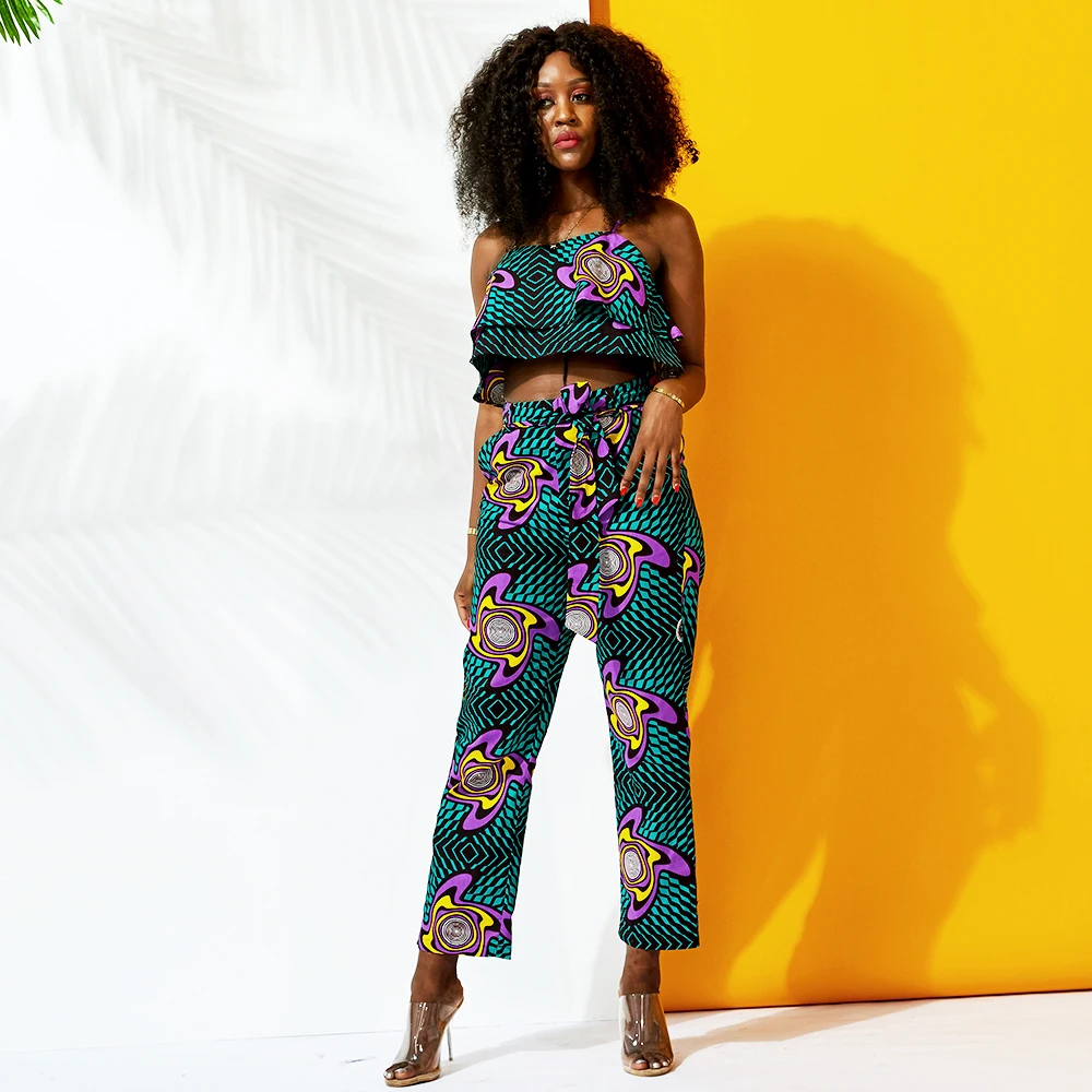 

Shenbolen African Fashion Print Wax Fabric Two Pieces Clothing Set Short Crop Top With Sling Long Pants For Women, As picture or customer request