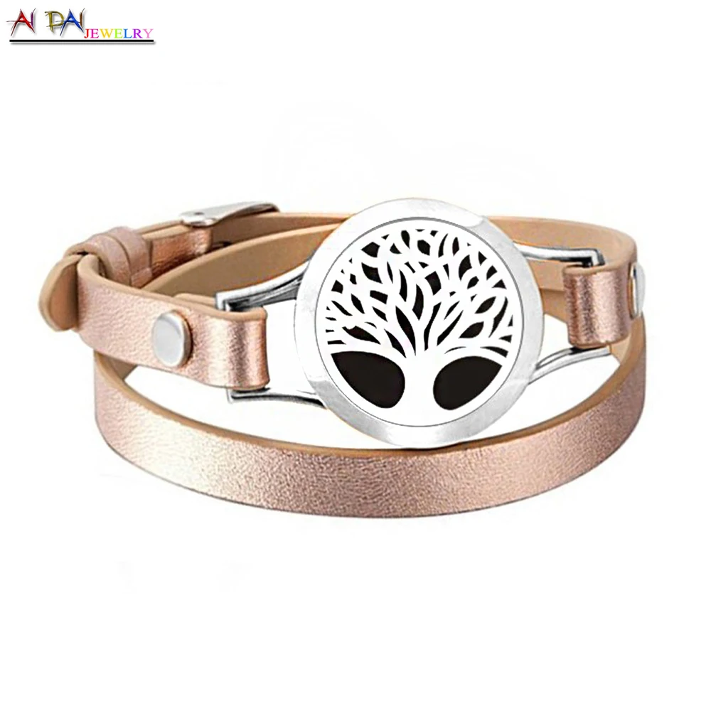 

Trendy Products Women Jewelry Stainless Steel Cuff Essential oil Leather Bracelet