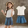 YY20021G Girls summer clothes new design short jeans and short sleeve 100% cotton lace top wholesale
