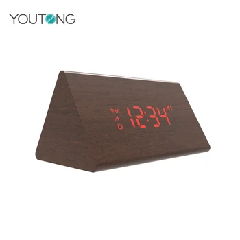 Small Digital Wooden Triangle Alarm Led Desk Clock With Calendar