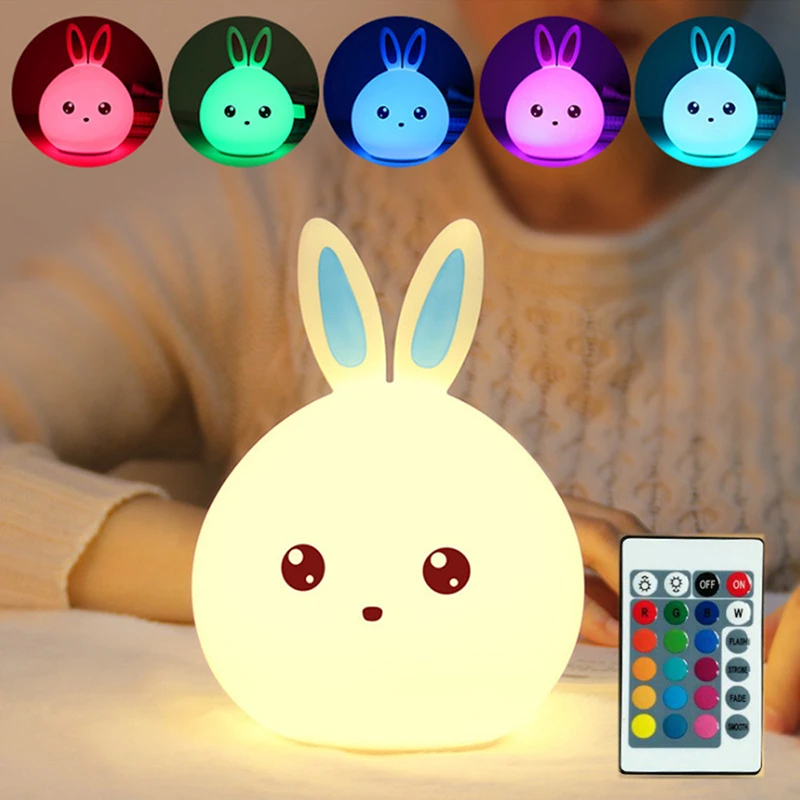 Zogifts Rechargeable 7 Colors Rabbit Usb Children Animal Light Silicone Soft Cartoon Baby Nursery Lamp Led Night