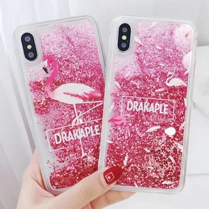 Coque Fundas Summer Flamingos Love Clear Case Cover Glitter Liquid Quicksand Hard Phone Case For iphone x