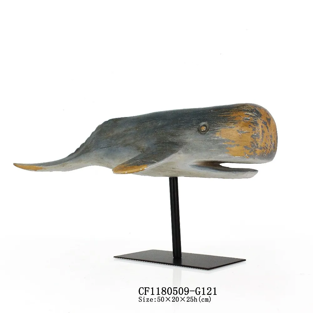 Artificial Resin Imitation Wooden Whale Sculpture with Metal Base Creative Gift details