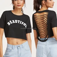 

Black custom letter print Crop t - shirt with ripped back sexy women crop top fashion t shirt wholesale