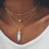 Fashion Hexagon Natural Stone Heart shaped simple metal Copper three layer choker Necklace jewelry for Women