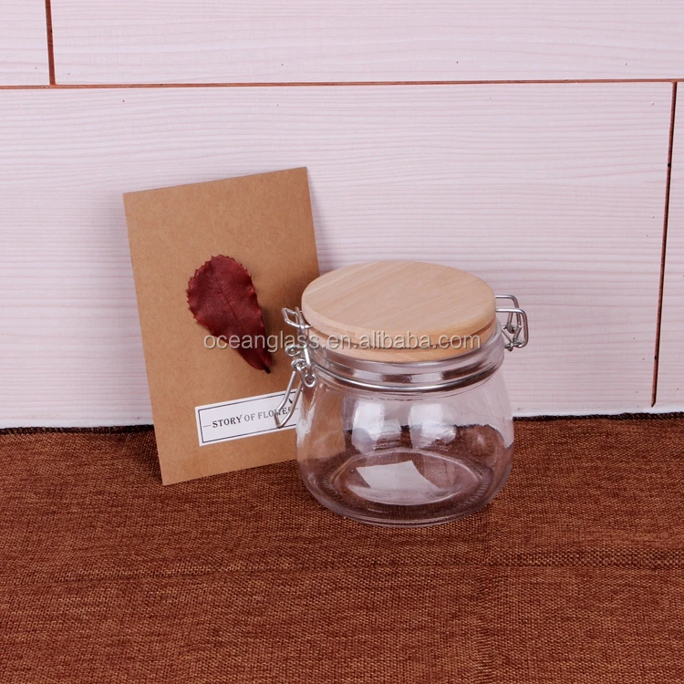 Wholesale 500ml metal clip top glass container 17oz glass storage jar with wooden glass ceramic lid