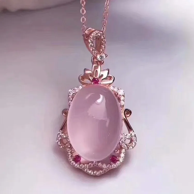 

engraved gemstone jewelry factory wholesale fashion rose gold plated 925 silver natural pink quartz crystal pendant necklace