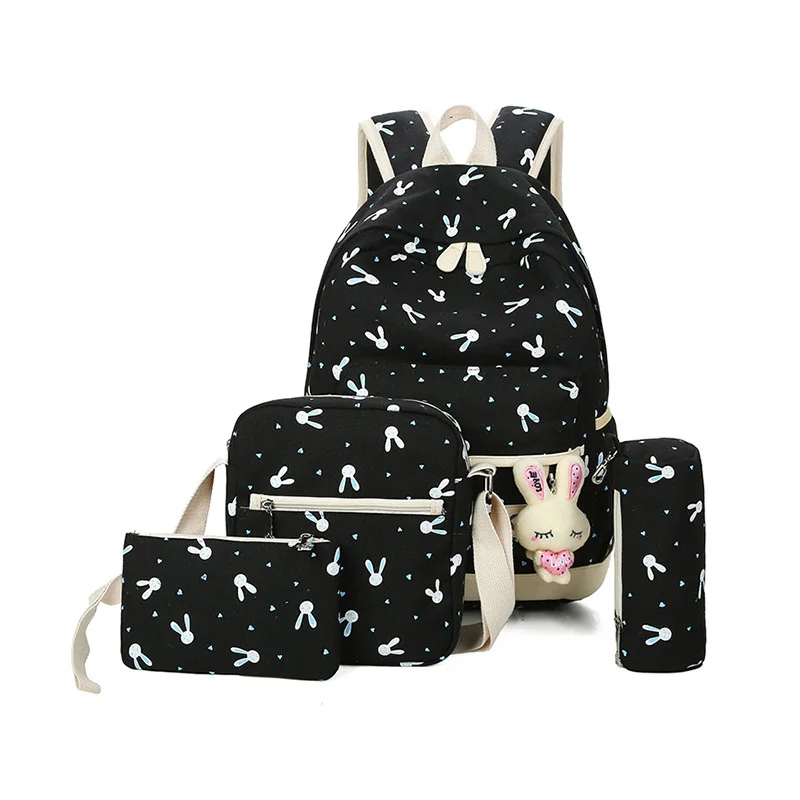 

Simple Design Rabbit Printed Canvas Backpack School Bag Set for Girls