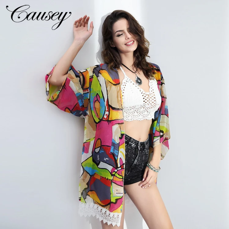 

CS1171 Wholesale AliExpress Hot Sale High Quality Summer Seaside Print Chiffon Blouse Swimwear Cover Up, Floral/tropical print
